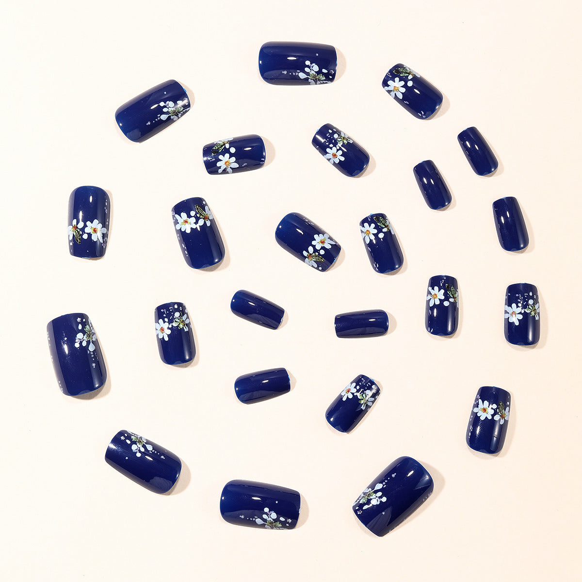 24pcs/Set Dark Blue Small Flowers Press-On Nails