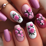 24pcs/Set Green Leaves & Pink Roses Press-On Nails