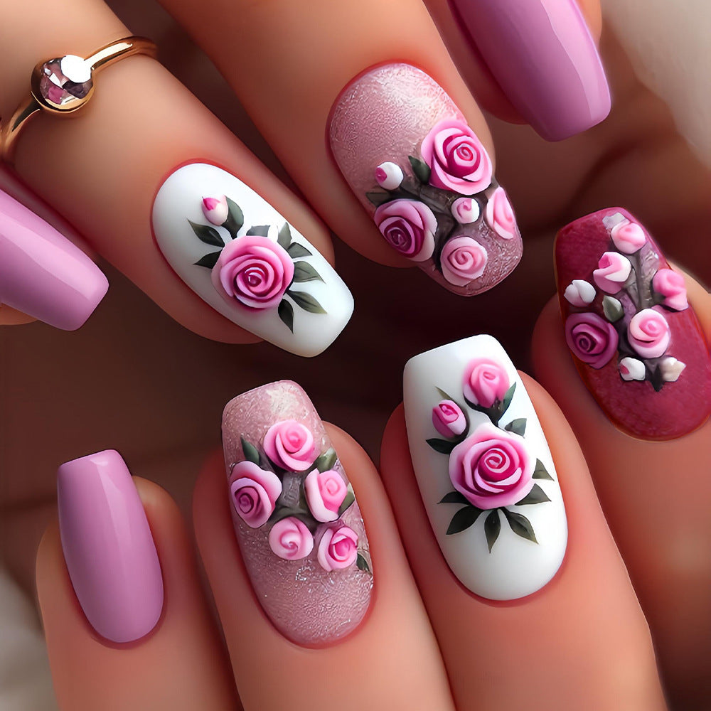 24pcs/Set Green Leaves & Pink Roses Press-On Nails