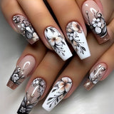 24pcs/Set Black and White Flower Press-On Nails
