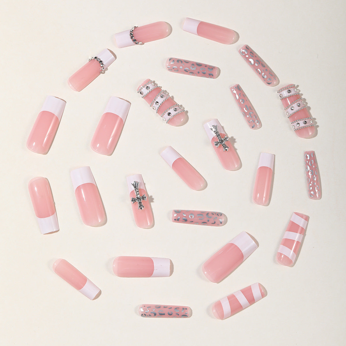 24pcs/Set White French Tips with Silver Leopard Press-On Nails