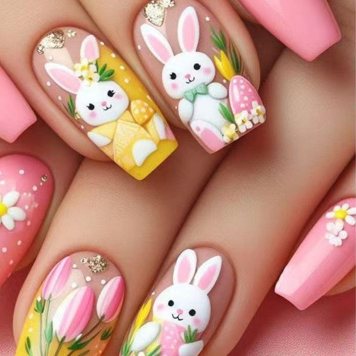 24pcs/Set Pink & Yellow Bunny with Easter Eggs and Tulips Press-On Nails