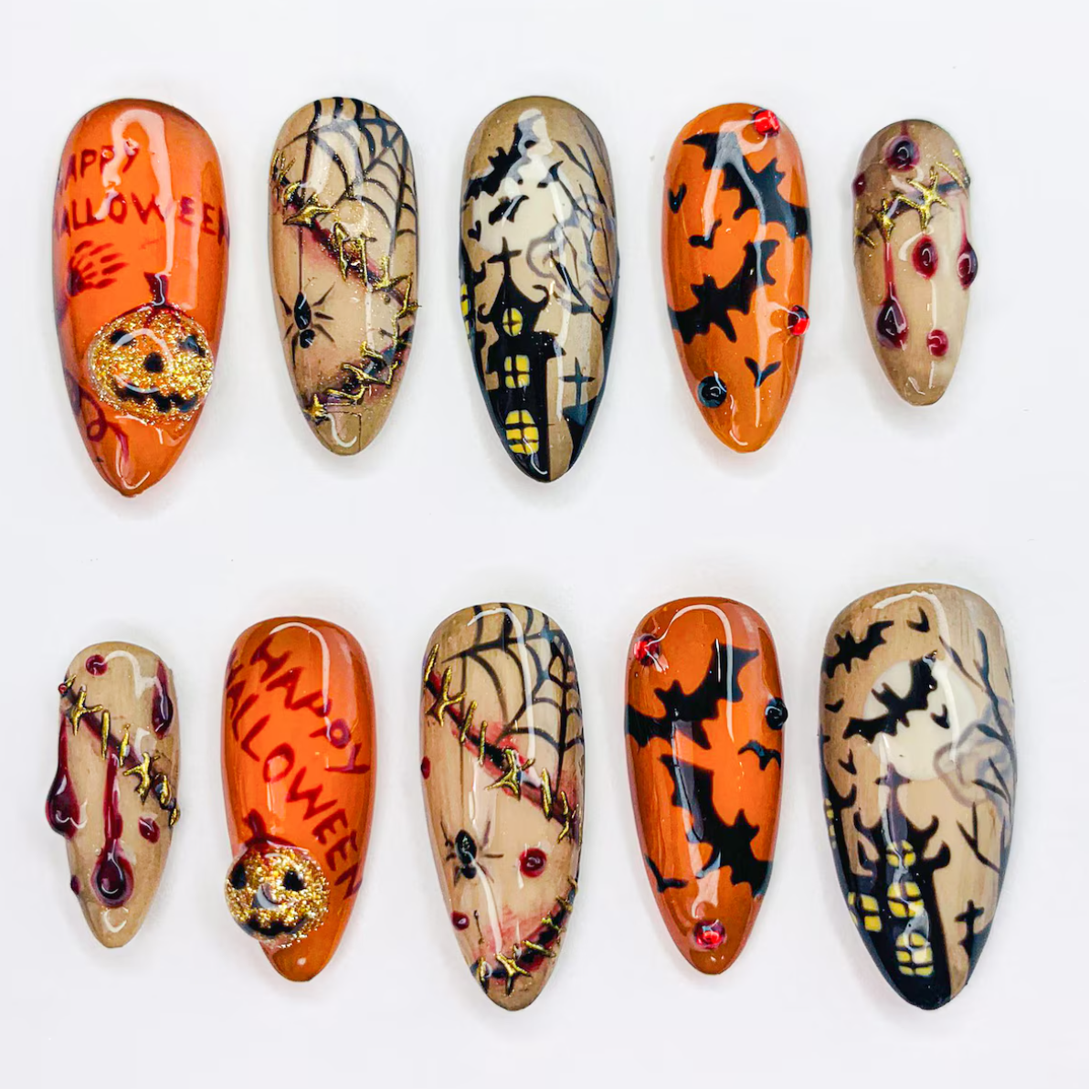 (Handmade) 10pcs/Set 3D Blood Drip and Pumpkin Halloween Press-On Nails
