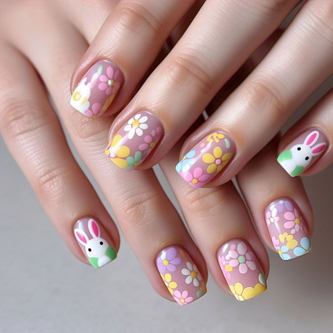 24pcs/Set Floral Bunny Short Press-On Nails
