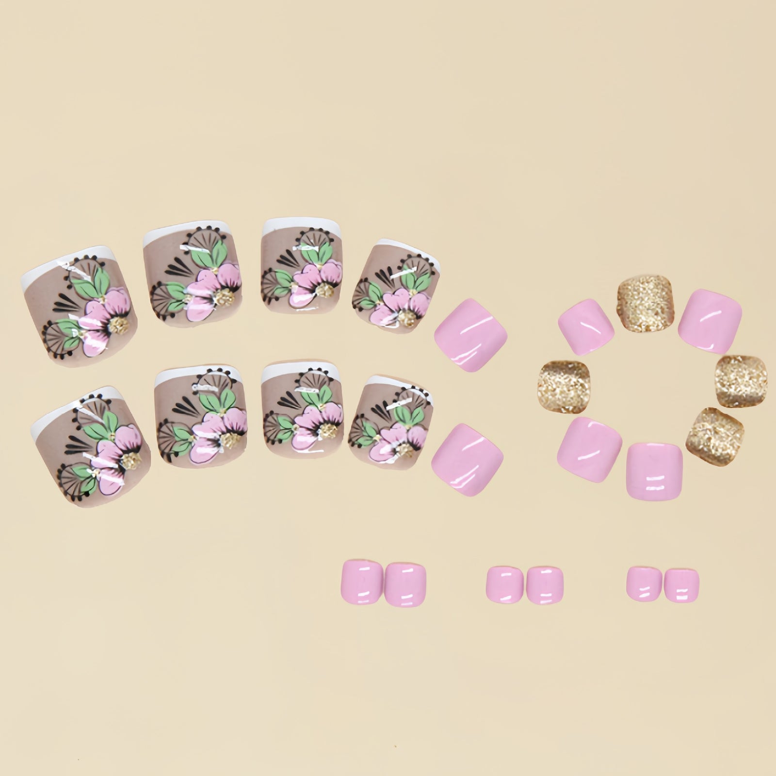 24pcs/Set Fresh Green Leaves & Red Press On Toe Nails