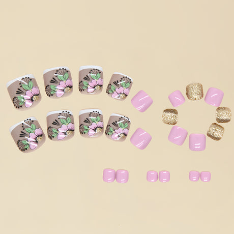 24pcs/Set Fresh Green Leaves & Red Press On Toe Nails