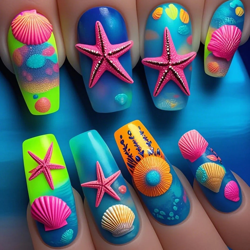 24pcs/Set Fluorescent Shell and Starfish Press-On Nails
