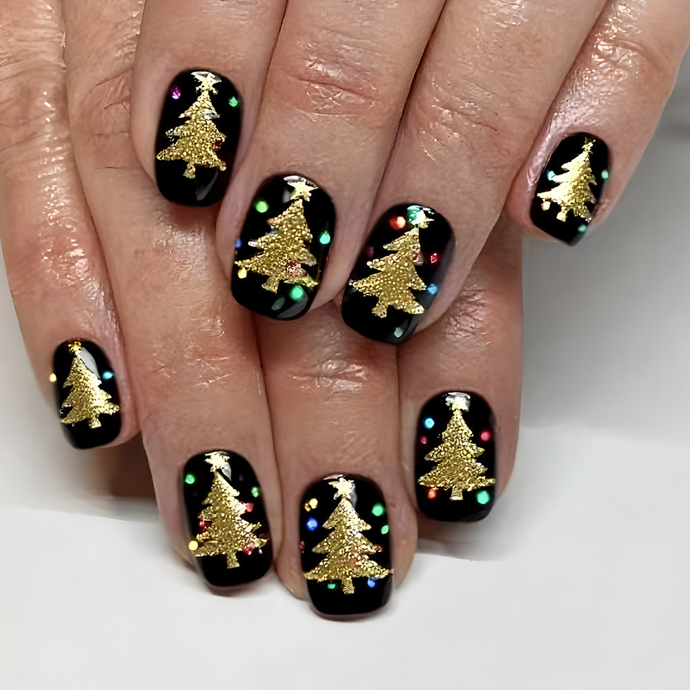 24pcs/Set Dark Christmas Tree with Gold Foil Short Press-On Nails
