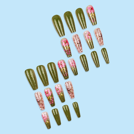 24pcs/Set Green Floral Press-On Nails