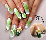 (Handmade) 10pcs/Set Fresh Green Ombré with 3D Flowers Press-On Nails