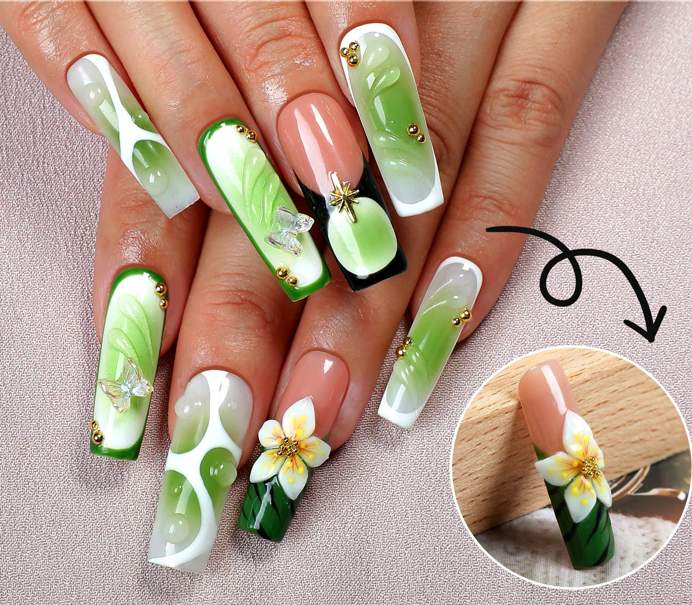 (Handmade) 10pcs/Set Fresh Green Ombré with 3D Flowers Press-On Nails