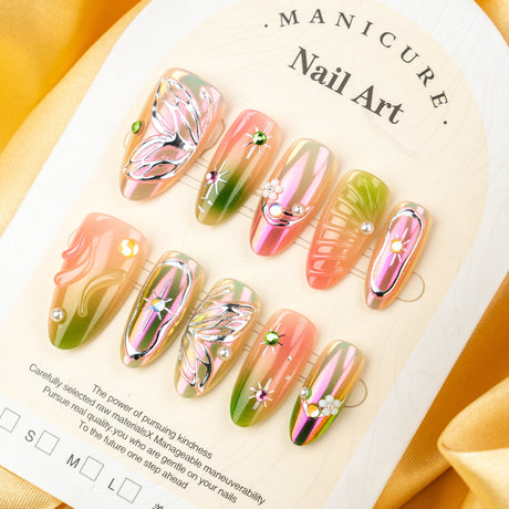 30pcs/Set Pink Green Gradient Gold Foil 3D Butterfly Press-On Nails