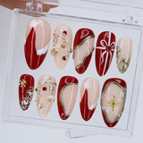 (Handmade) 10pcs/Set Christmas Red & Gold Design Press On Nails