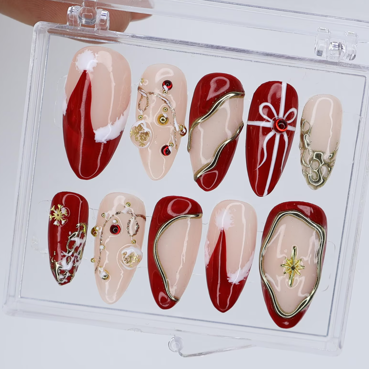 (Handmade) 10pcs/Set Christmas Red & Gold Design Press On Nails