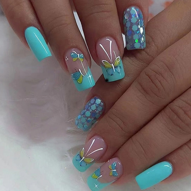 24pcs/Set Blue-Green Butterfly Press-On Nails