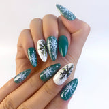 (Handmade) 10pcs/Set Green & White Snowflake Christmas Press-On Nails