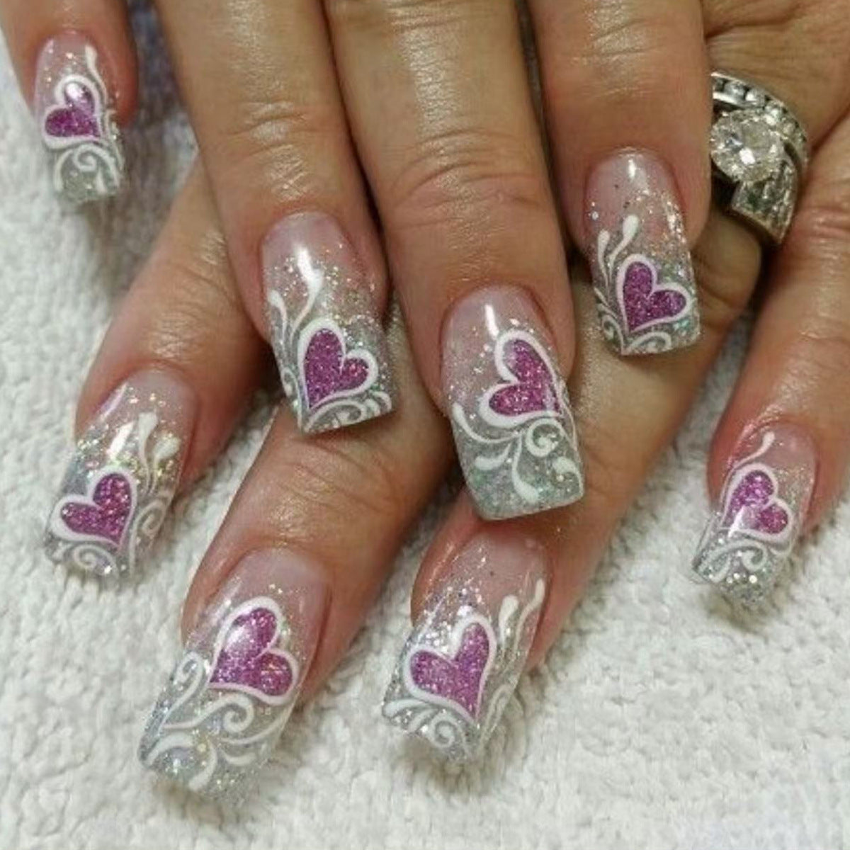 24pcs/Set Silver Gradient Purple Heart Press-On Nails