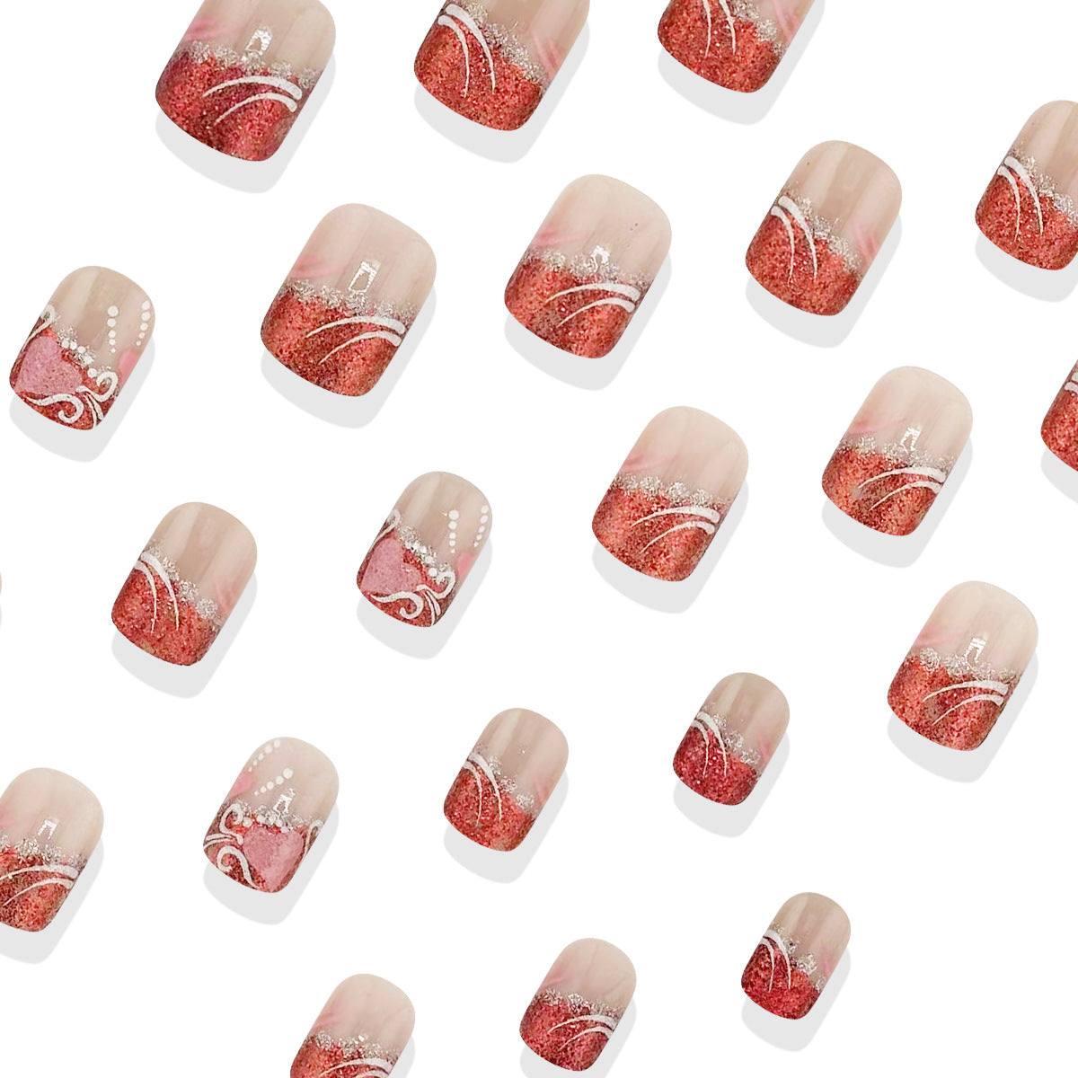 24pcs/Set Red Glitter Pink and White Striped Heart Press-On Nails