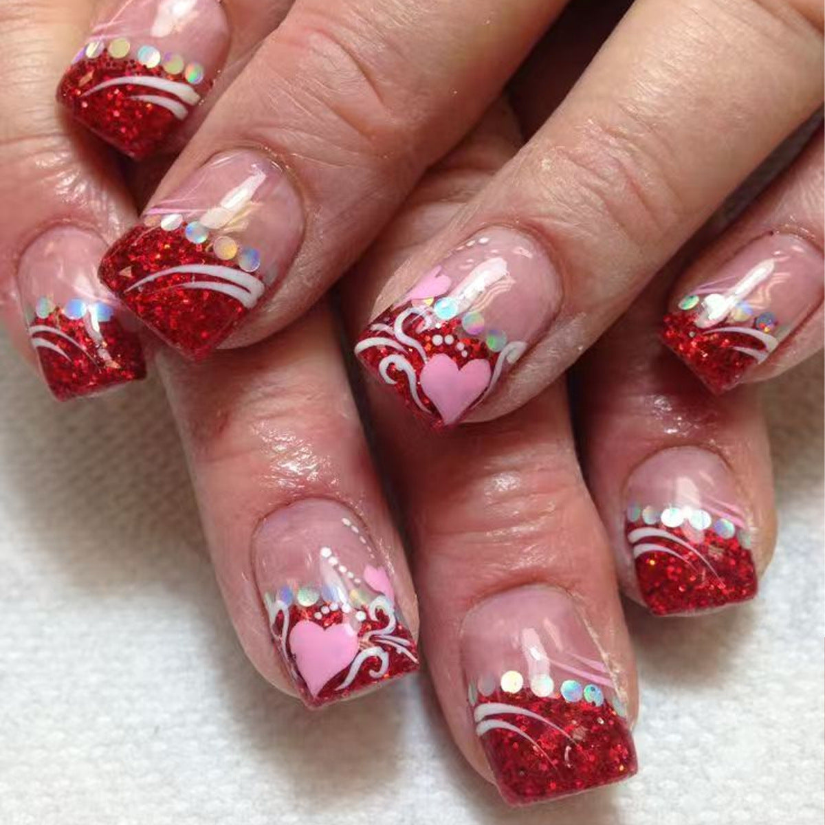 24pcs/Set Red Glitter Pink and White Striped Heart Press-On Nails