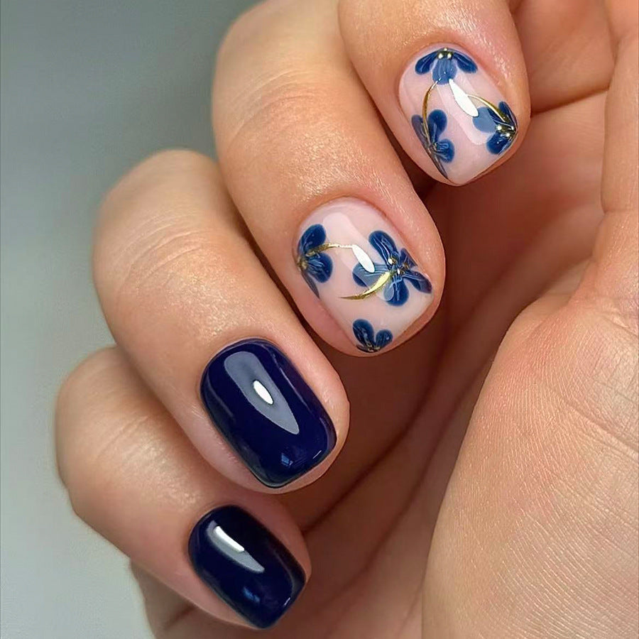24pcs/Set Navy Blue Sweet Floral Press-On Nails