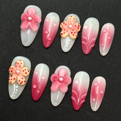 (Handmade) 10pcs/Set Pink Flowers Press-On Nails