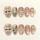 (Handmade) 10pcs/Set Champagne Glitter Firework Pearl Press-On Nails