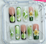 (Handmade) 10pcs/Set Fresh Green Ombré with 3D Flowers Press-On Nails