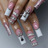 24pcs/Set White French Tips with Silver Leopard Press-On Nails