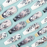 24pcs/Set Black and White Flower Press-On Nails