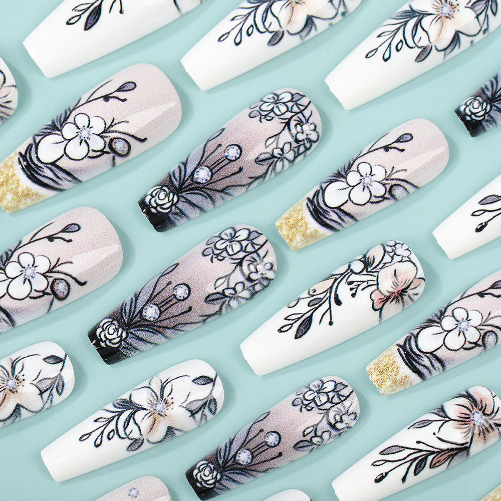 24pcs/Set Black and White Flower Press-On Nails