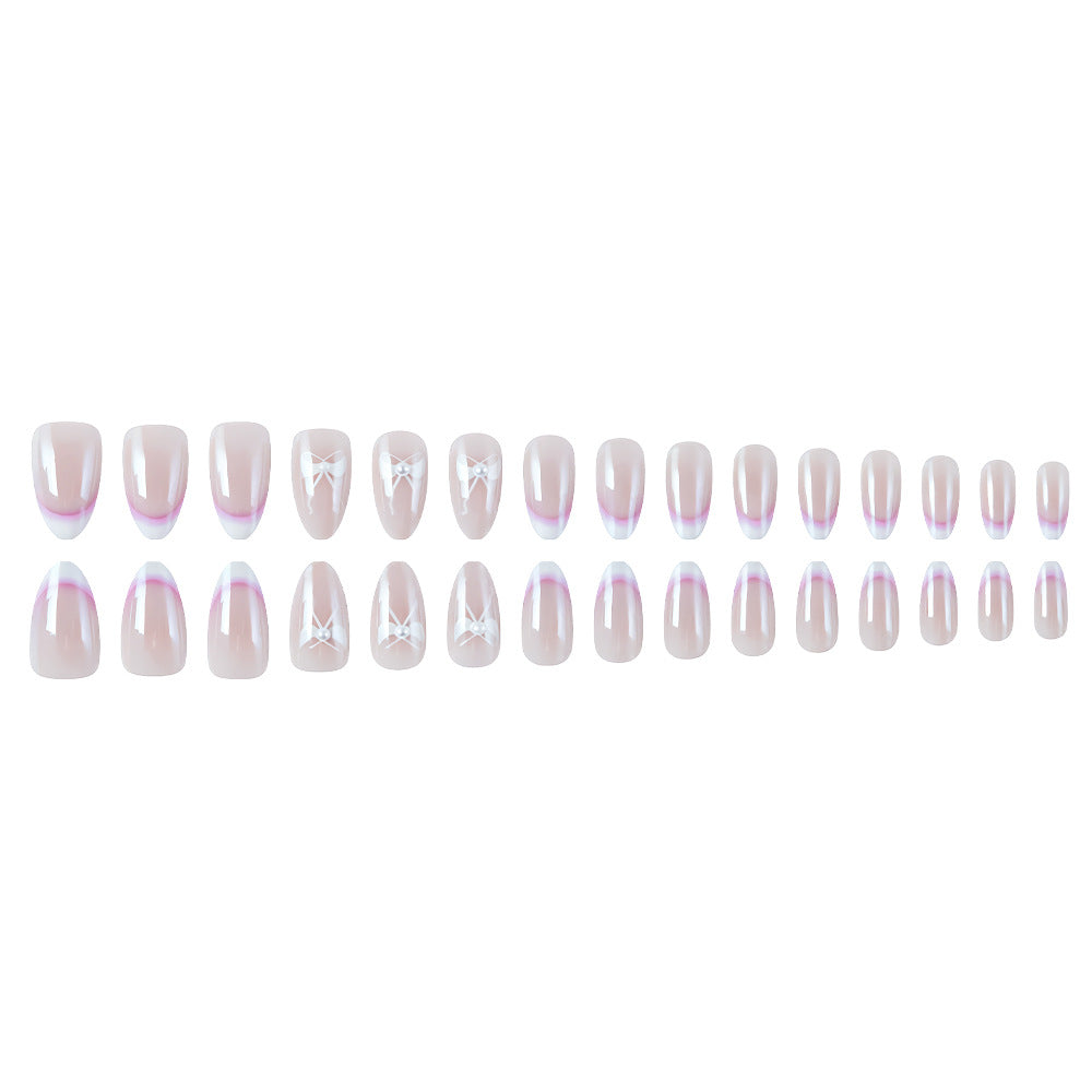 24pcs/Set White French Tips with Rhinestone Bow Press-On Nails