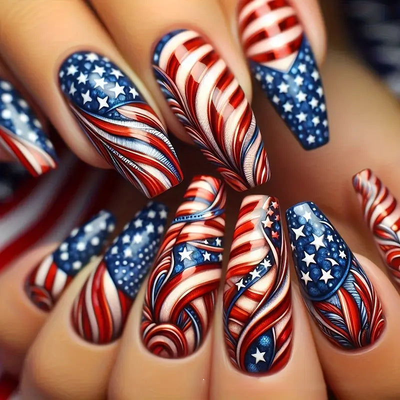 24pcs/Set Feathers, Stars & Stripes Press-On Nails
