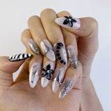 (Handmade) 10pcs/Set Black 3D Flower Gold Line Star Glam Press-On Nails