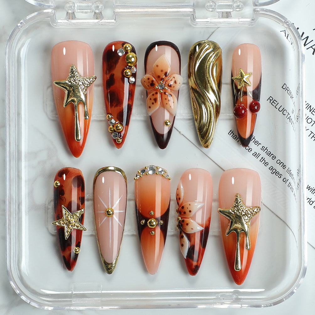 (Handmade) 10pcs/Set Ombre Star Leopard Floral Press-On Nails