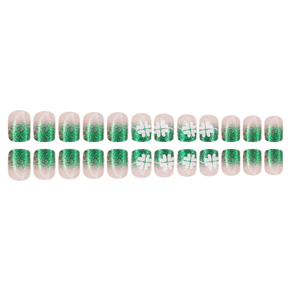 24pcs/Set Minimalist Glitter Shamrock French Short Press-On Nails