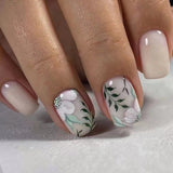 24pcs/Set Spring Flowers and Green Leaves Short Press-On Nails