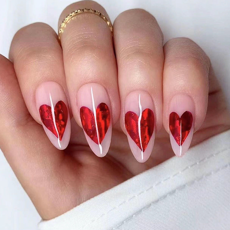 24pcs/Set Red Heart with Gold Foil Press-On Nails