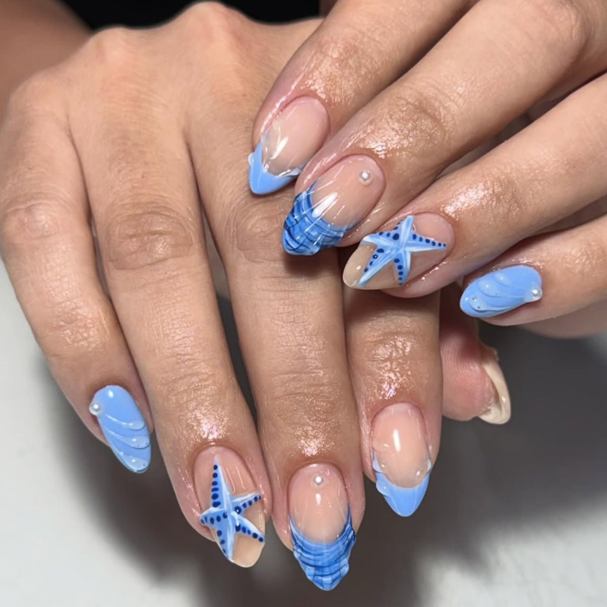 24pcs/Set Blue 3D Water Ripple French Tip Press-On Nails
