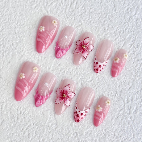 (Handmade) 10pcs/Set Pink Flower Shell Press-On Nails