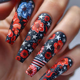 24pcs/Set Black Background with Red and Blue Star Flowers Press-On Nails