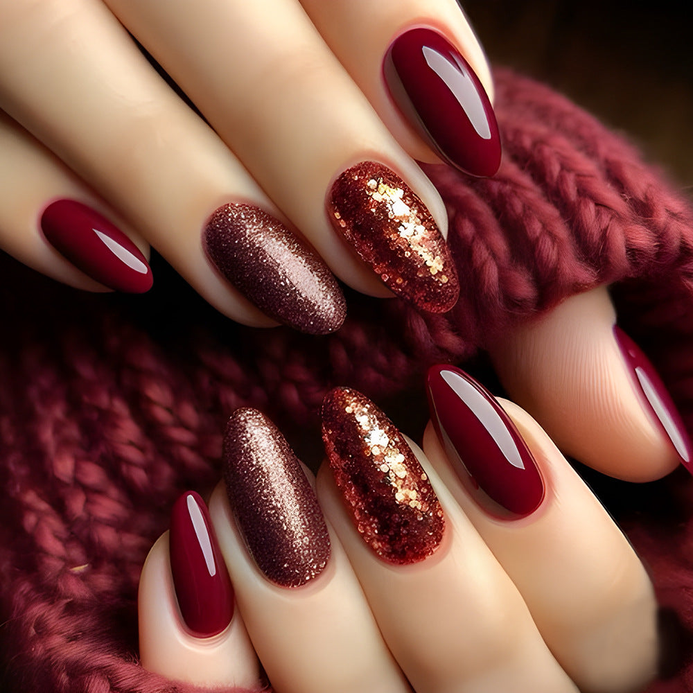 24pcs/Set Sparkling Sequin Wine Red Press-On Nails