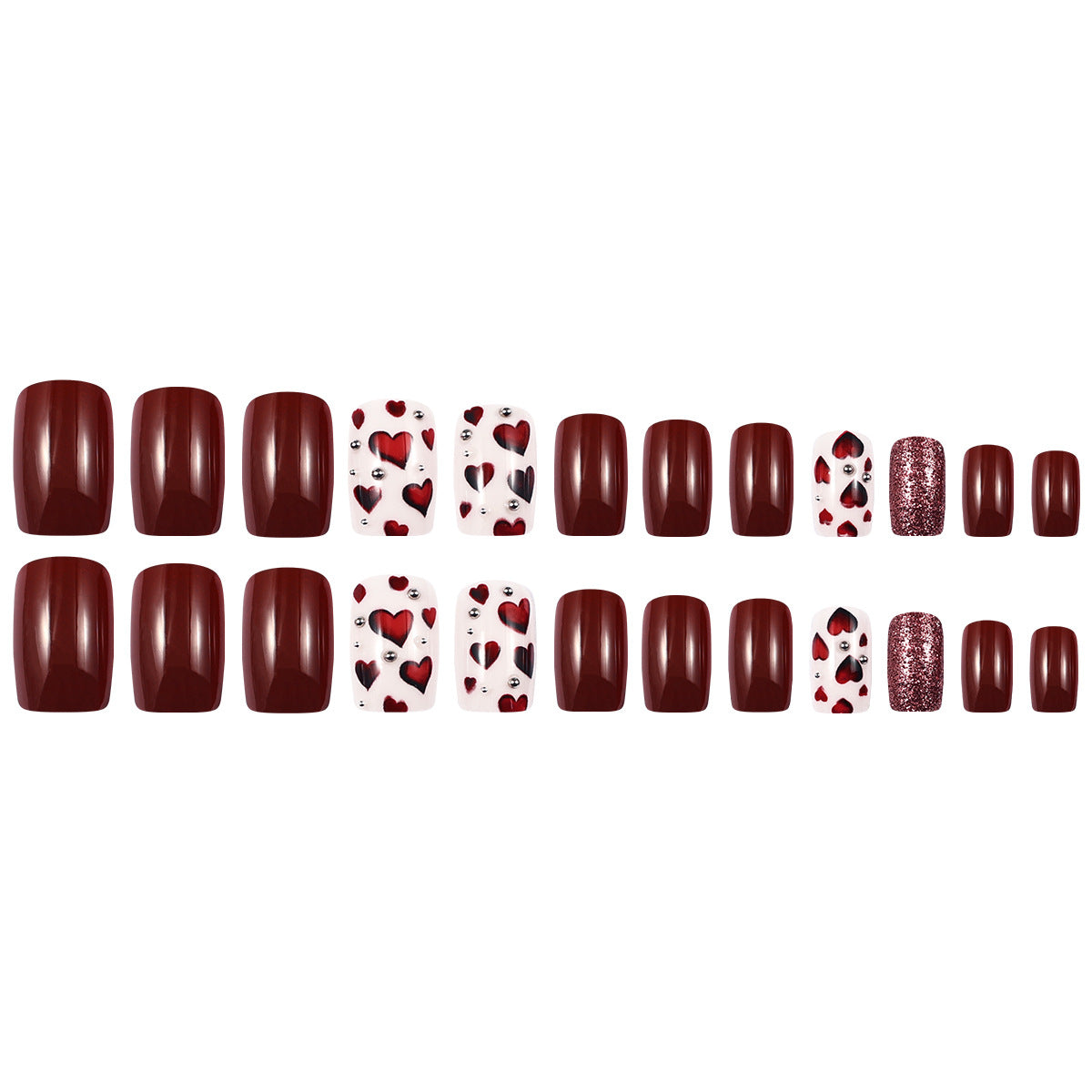 24pcs/Set Burgundy Heart Press-On Nails