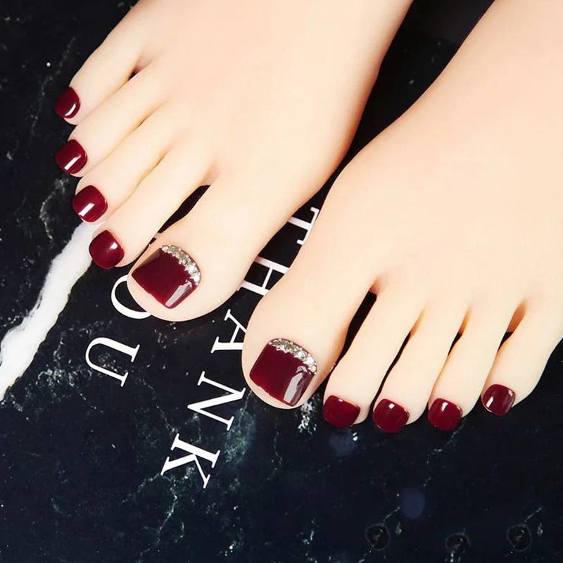 24pcs/Set Deep Burgundy with Rhinestones Press On Toe Nails