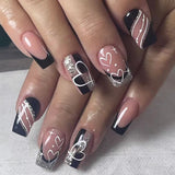 24pcs/Set Black White and Silver Graffiti Heart Press-On Nails