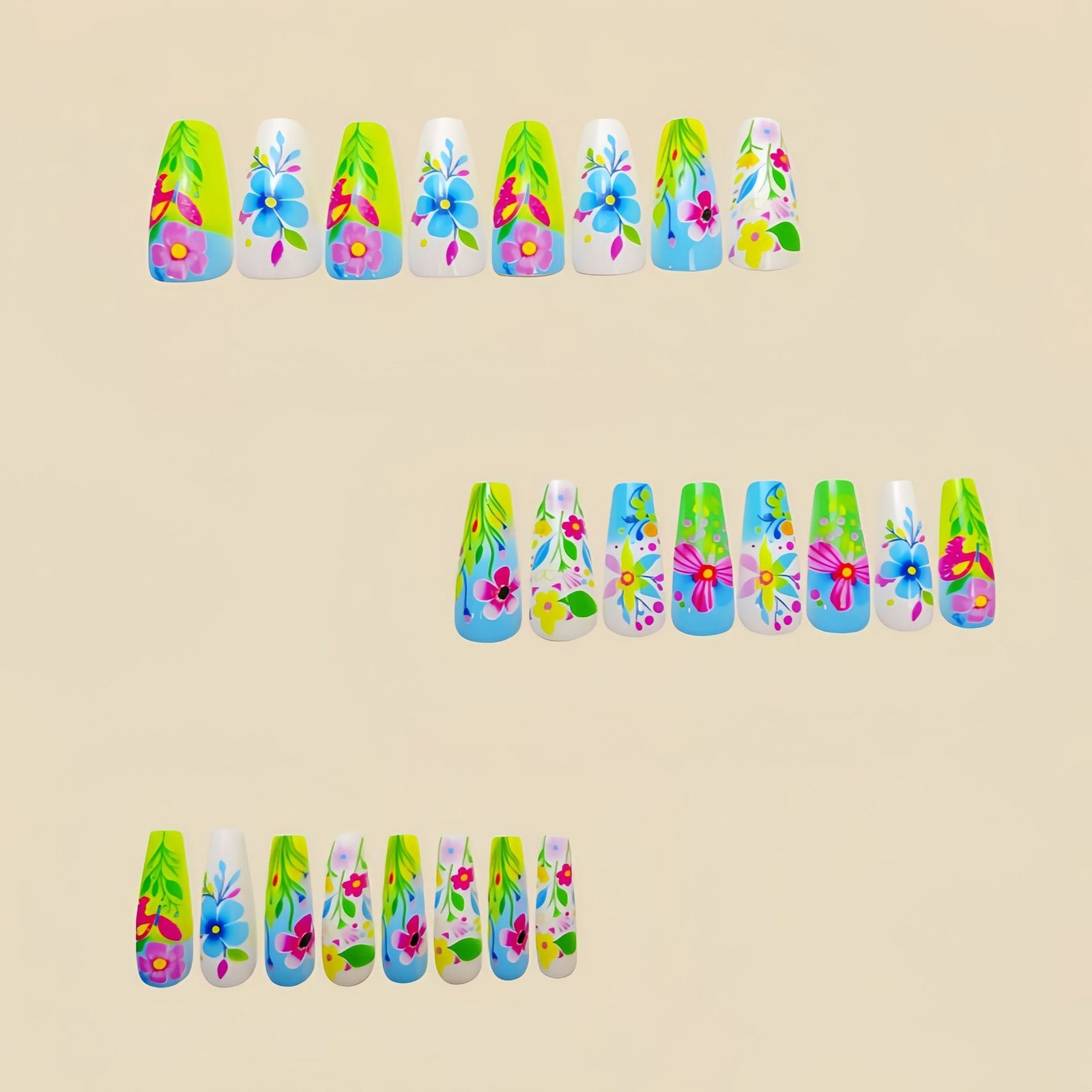 24pcs/Set Multicolored Gradient Botanical Flowers Press-On Nails