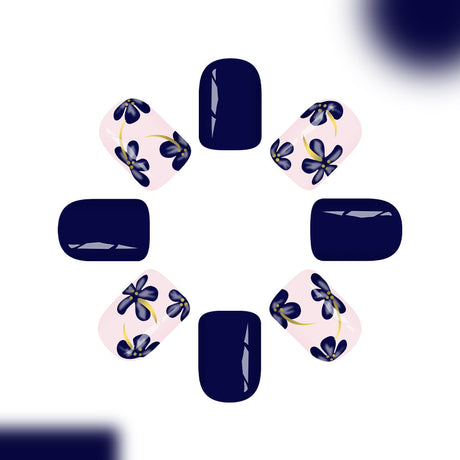 24pcs/Set Navy Blue Sweet Floral Press-On Nails
