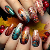 24pcs/Set Red, Orange & Blue Painted Flying Birds Press-On Nails