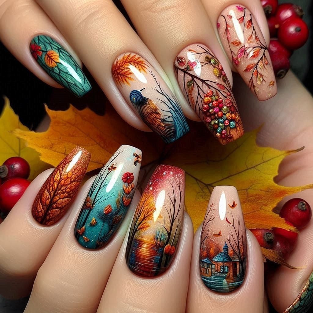 24pcs/Set Red, Orange & Blue Painted Flying Birds Press-On Nails