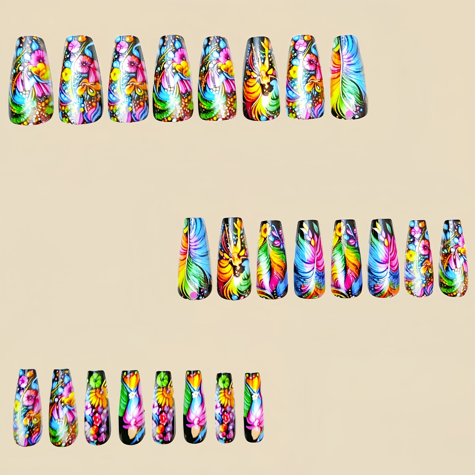 24pcs/Set Colorful Feather Flowers Press-On Nails