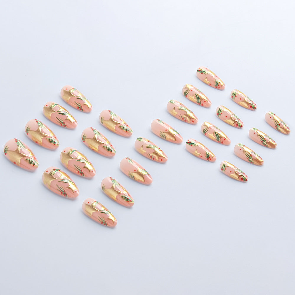 24pcs/Set Gilded Floral & Star Pattern Short Almond Press-On Nails